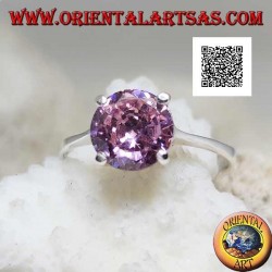 Rhodium plated solitaire silver ring with faceted pink round zircon set