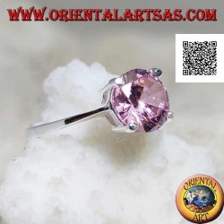 Anillo solitario de plata rodiada con engaste de circonitas redondas rosa facetadas
