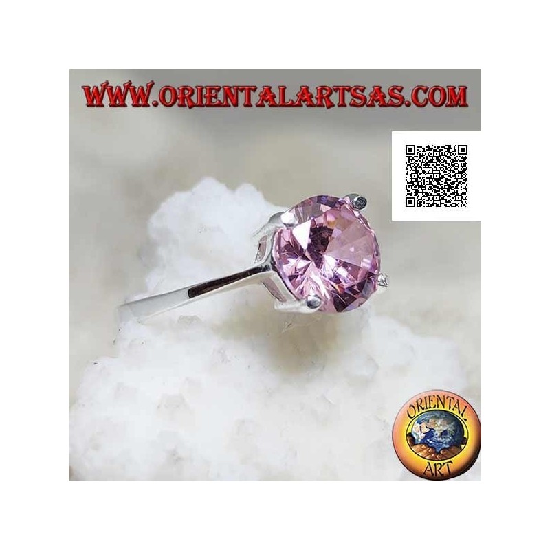 Rhodinierter Solitärsilberring mit facettiertem rosa rundem Zirkonset