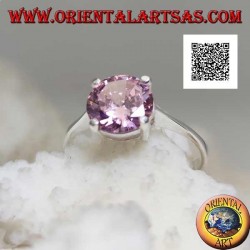 Bague en argent solitaire plaqué rhodium avec zircon rond rose facetté
