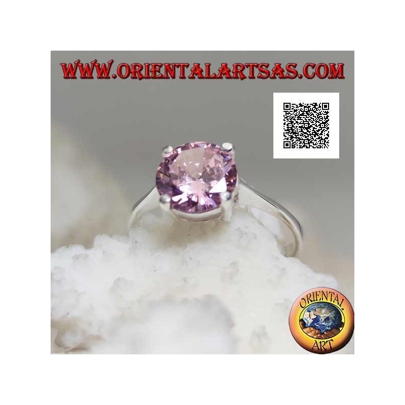 Rhodinierter Solitärsilberring mit facettiertem rosa rundem Zirkonset