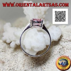 Rhodium plated solitaire silver ring with faceted pink round zircon set