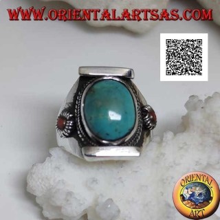 Silver ring with oval antique Tibetan turquoise in Nepalese setting with small coral on the sides (22)