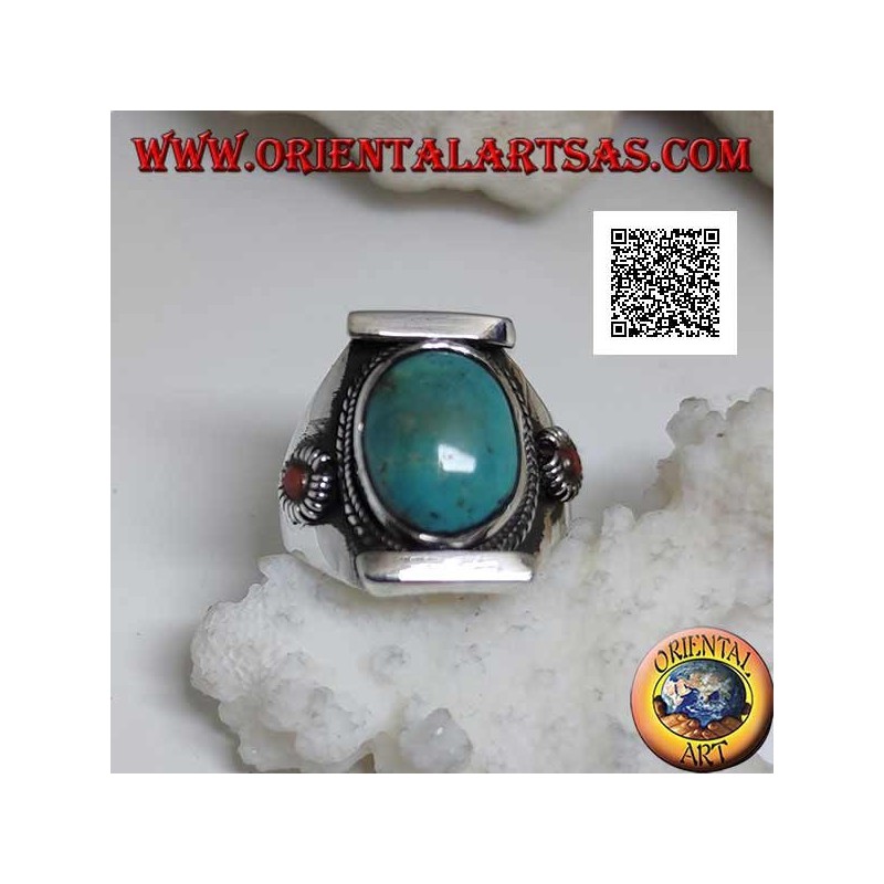 Silver ring with oval antique Tibetan turquoise in Nepalese setting with small coral on the sides (22)
