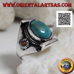 Bague en argent avec turquoise tibétaine antique ovale dans un sertissage népalais avec petit corail sur les côtés (22)