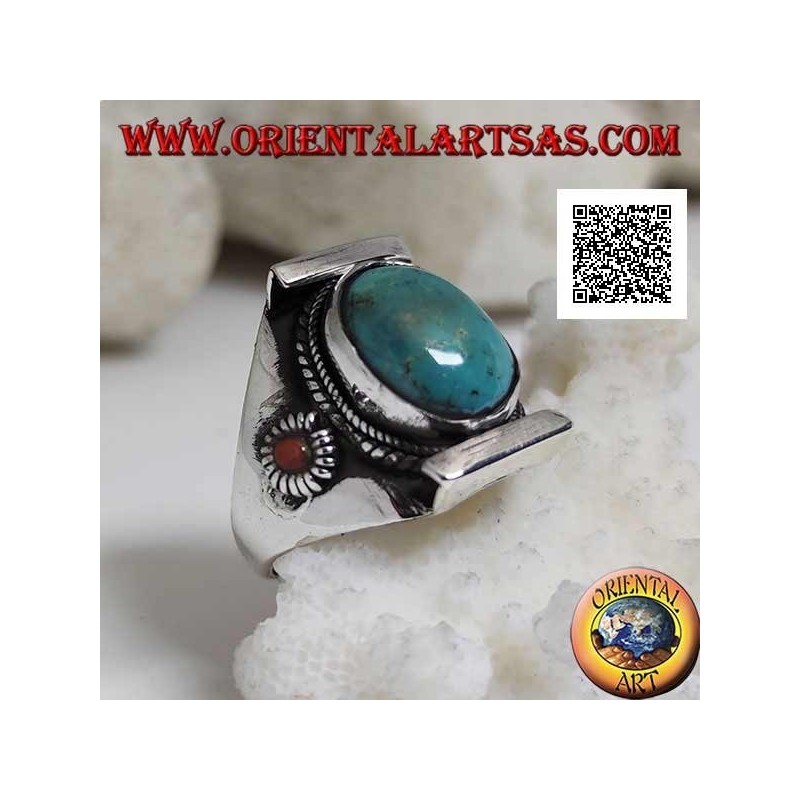 Bague en argent avec turquoise tibétaine antique ovale dans un sertissage népalais avec petit corail sur les côtés (22)