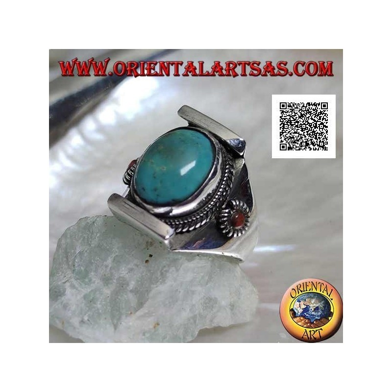 Anello in argento con turchese tibetano antico ovale  su montatura nepalese con corallo piccolo sui lati (22)