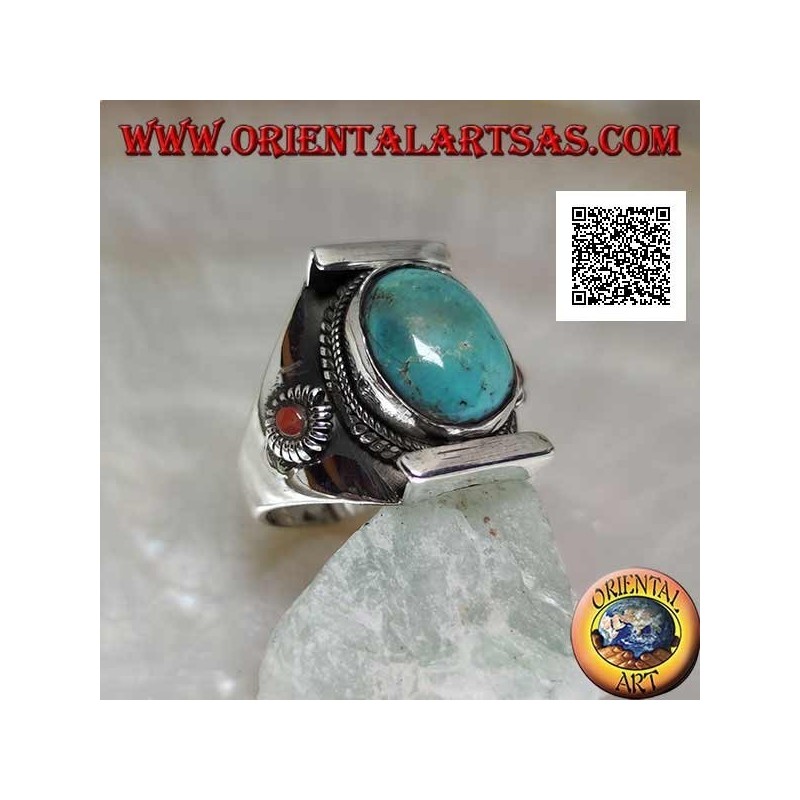 Silver ring with oval antique Tibetan turquoise in Nepalese setting with small coral on the sides (22)