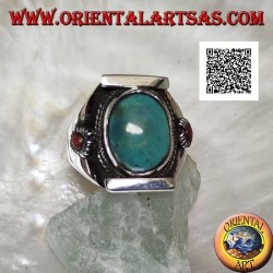 Anillo de plata con turquesa tibetana antigua ovalada en engaste nepalí con pequeño coral en los lados (22)