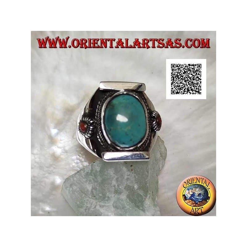 Silver ring with oval antique Tibetan turquoise in Nepalese setting with small coral on the sides (22)
