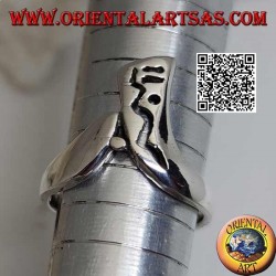 Boomerang-shaped silver ring with openwork decoration