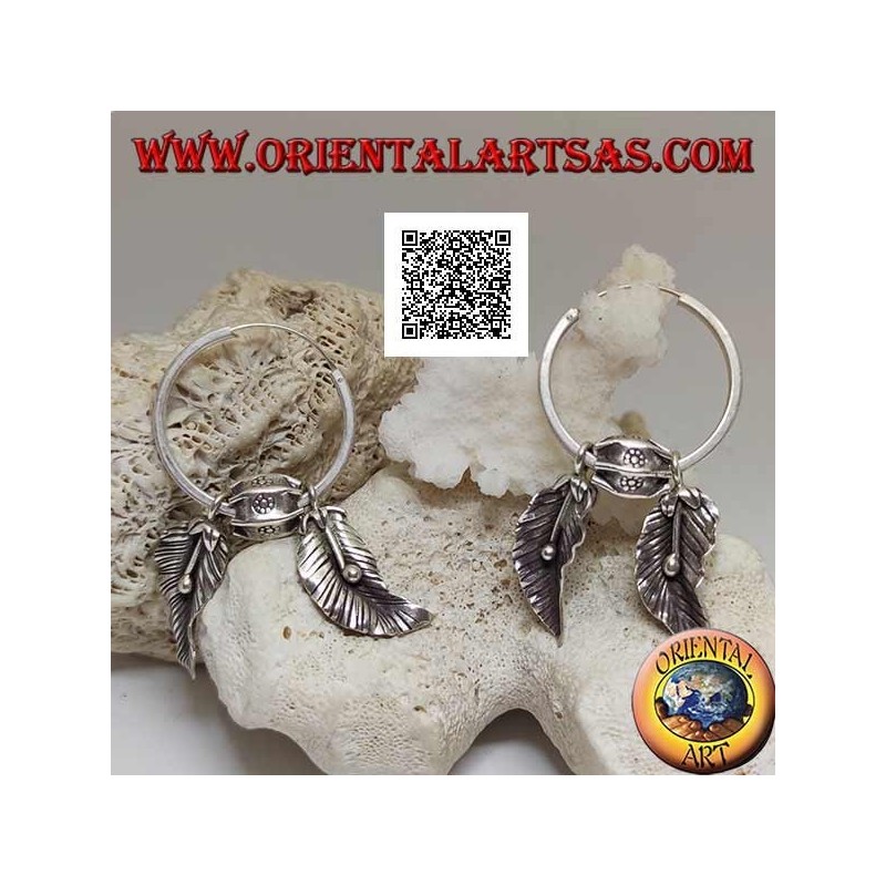 Silver hoop earrings (Karen) with hanging leaves with oriental fruit (alchechengi)