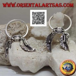 Silver hoop earrings (Karen) with hanging leaves with oriental fruit (alchechengi)