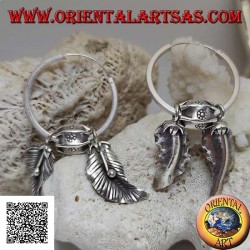 Silver hoop earrings (Karen) with hanging leaves with oriental fruit (alchechengi)