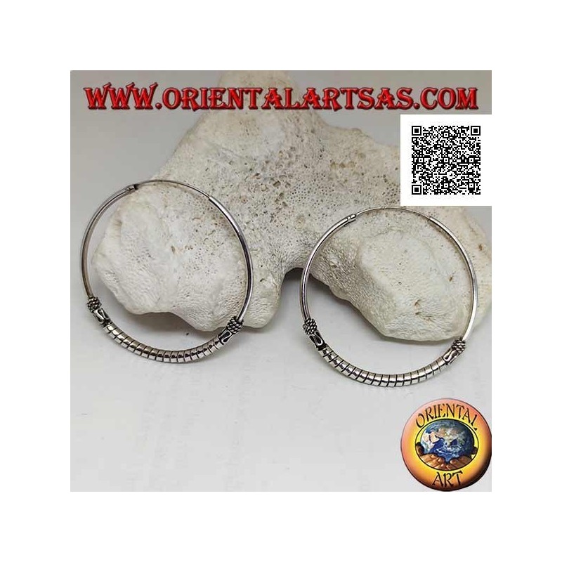 Silver earrings, circle worked with thick discs between serpentine and intertwining, 45 mm