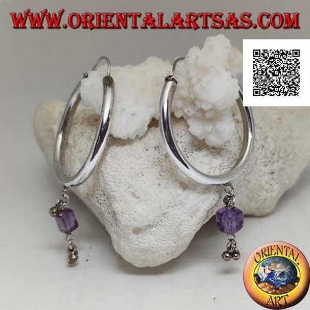 Thick smooth circle silver earrings with an amethyst cube pendant and balls