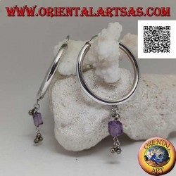 Thick smooth circle silver earrings with an amethyst cube pendant and balls