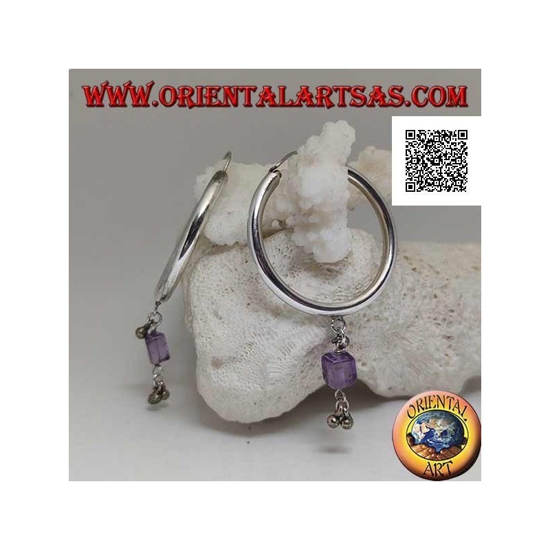 Thick smooth circle silver earrings with an amethyst cube pendant and balls