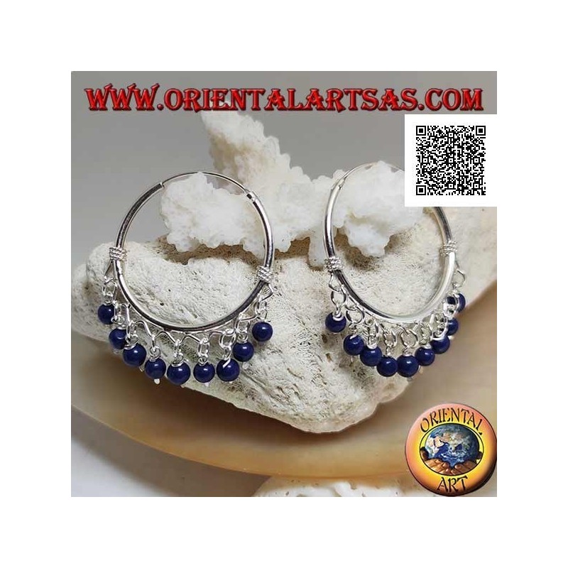 Silver hoop earrings with interlacing and 30 mm lapis lazuli pendant balls