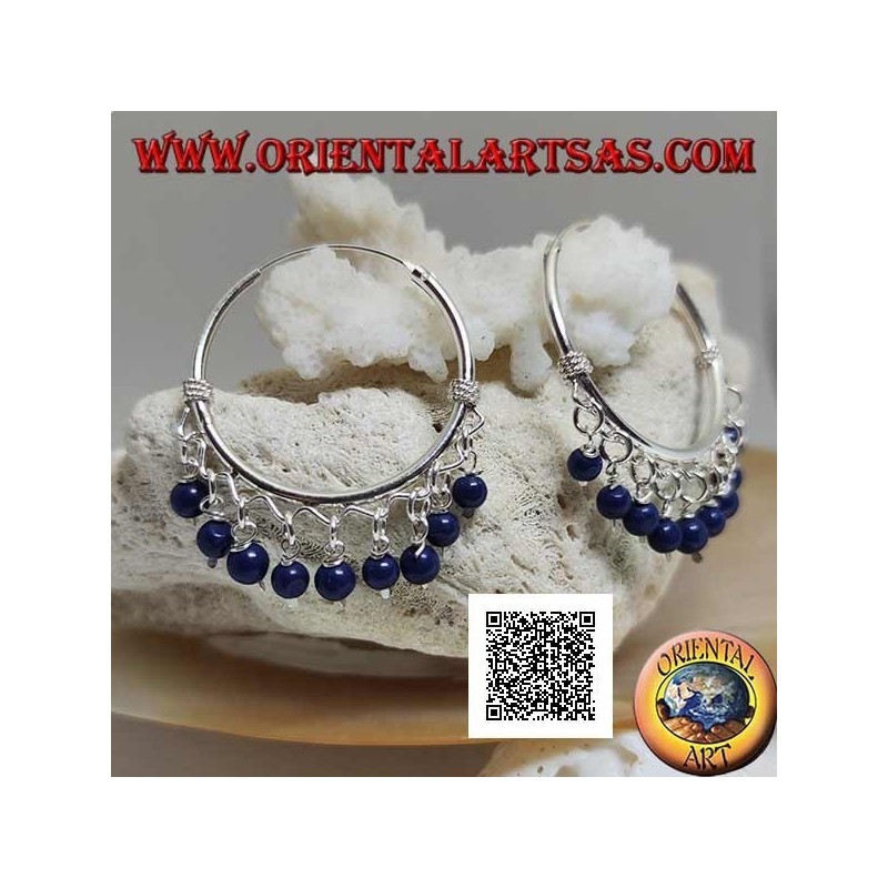 Silver hoop earrings with interlacing and 30 mm lapis lazuli pendant balls