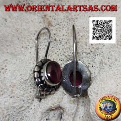 Silver earrings with oval cabochon natural garnet surrounded by disks with silver studs