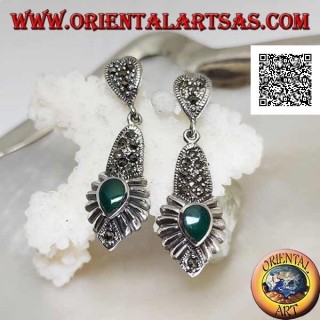 Silver earrings with a plate studded with marcasite pendant and an inverted drop of green agate