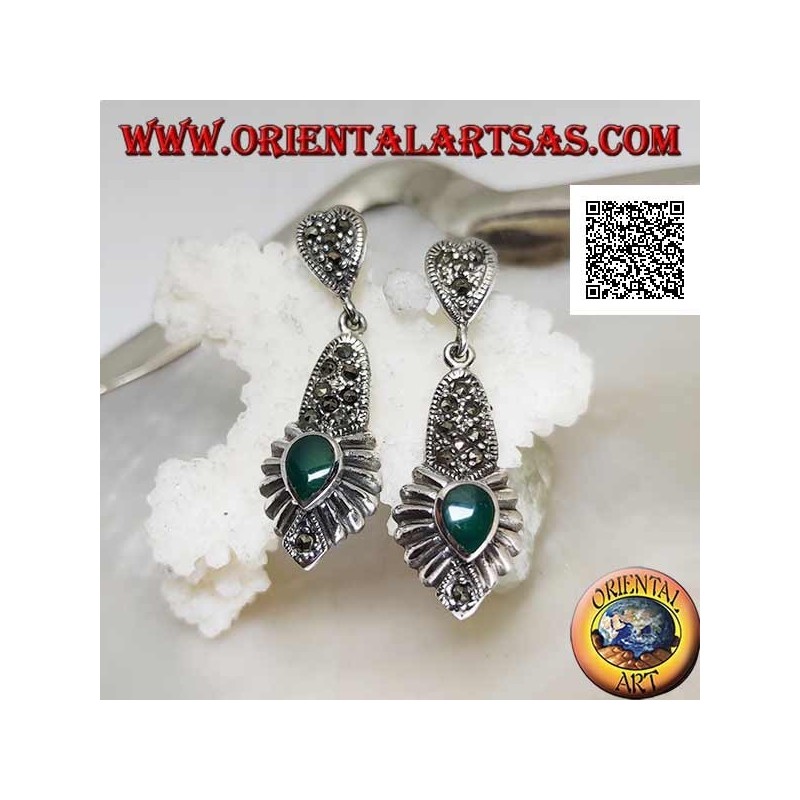 Silver earrings with a plate studded with marcasite pendant and an inverted drop of green agate