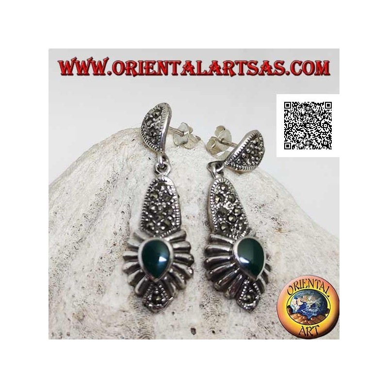Pendientes de plata con una placa tachonada con colgante de marcasita y una gota invertida de ágata verde