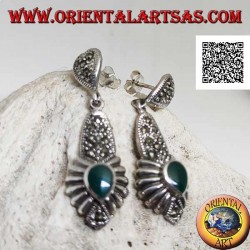 Silver earrings with a plate studded with marcasite pendant and an inverted drop of green agate