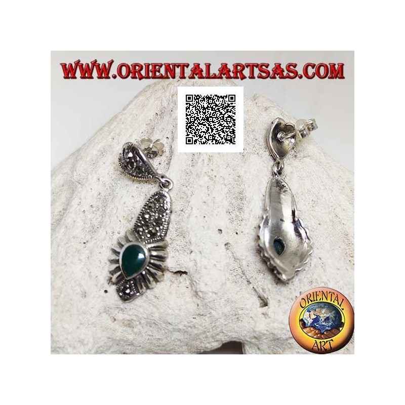 Pendientes de plata con una placa tachonada con colgante de marcasita y una gota invertida de ágata verde