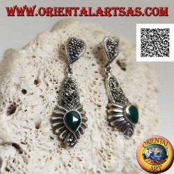 Silver earrings with a plate studded with marcasite pendant and an inverted drop of green agate