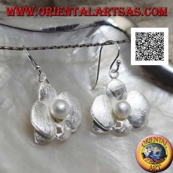 Silver earrings in the shape of 2 overlapping satin clovers with a central white pearl