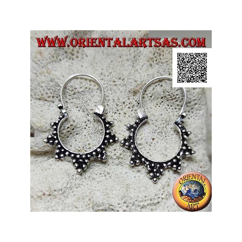 Silver earrings, circles with trio of balls decoration and 14 mm bow closure