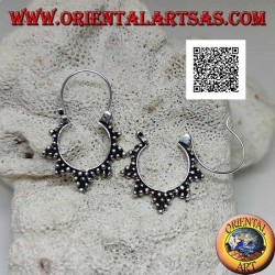 Silver earrings, circles with trio of balls decoration and 14 mm bow closure