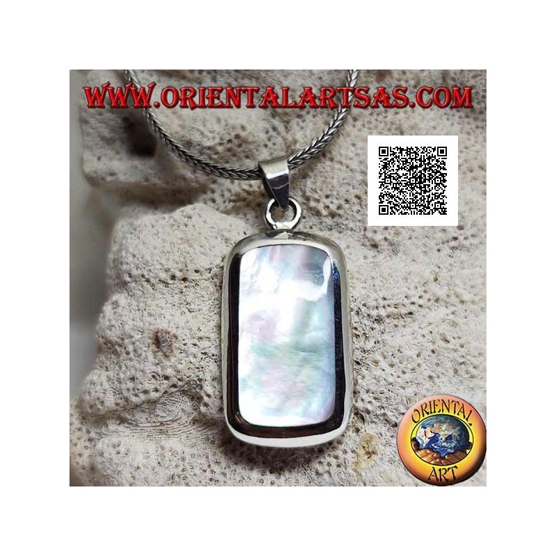 Silver pendant with round rectangular mother-of-pearl set flush with the edge on a smooth frame