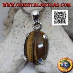 Silver pendant with large oval cabochon tiger eye set in a simple setting