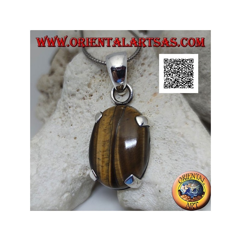 Pendentif en argent avec grand oeil de tigre cabochon ovale serti dans un cadre simple