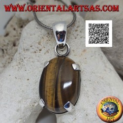 Pendentif en argent avec grand oeil de tigre cabochon ovale serti dans un cadre simple