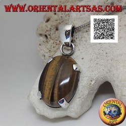 Pendentif en argent avec grand oeil de tigre cabochon ovale serti dans un cadre simple