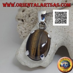 Silver pendant with large oval cabochon tiger eye set in a simple setting