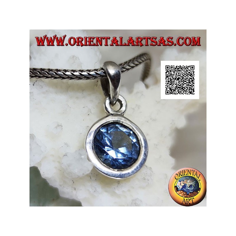 Silver pendant with round diamond-cut blue topaz set flush on a smooth setting