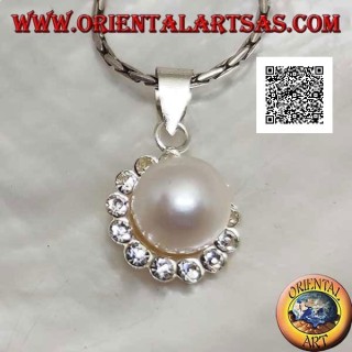Silver flower pendant with central white pearl surrounded by small white zircons