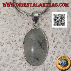 Silver pendant with clear oval cabochon moss agate with smooth silver frame and hook