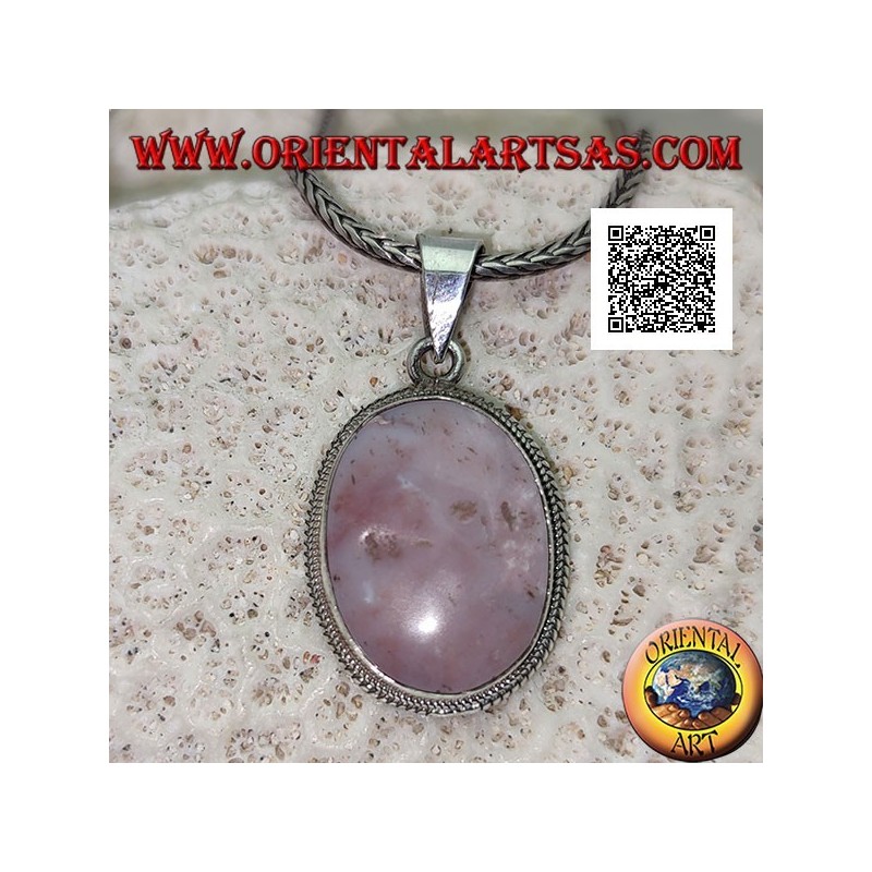 Silver pendant with rhodonite (Tanzania) oval surrounded by a double weave