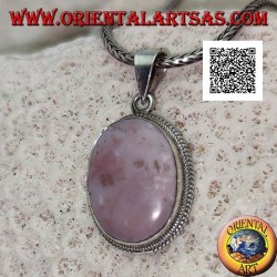 Silver pendant with rhodonite (Tanzania) oval surrounded by a double weave