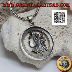 Ciondolo in argento, San Cristoforo nel cerchio con scritta sacra in latino in rilievo