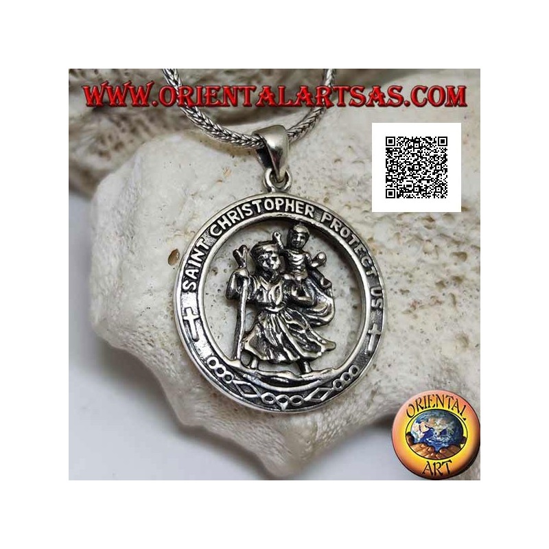 Silver pendant, Saint Christopher in the circle with sacred inscription in Latin in relief