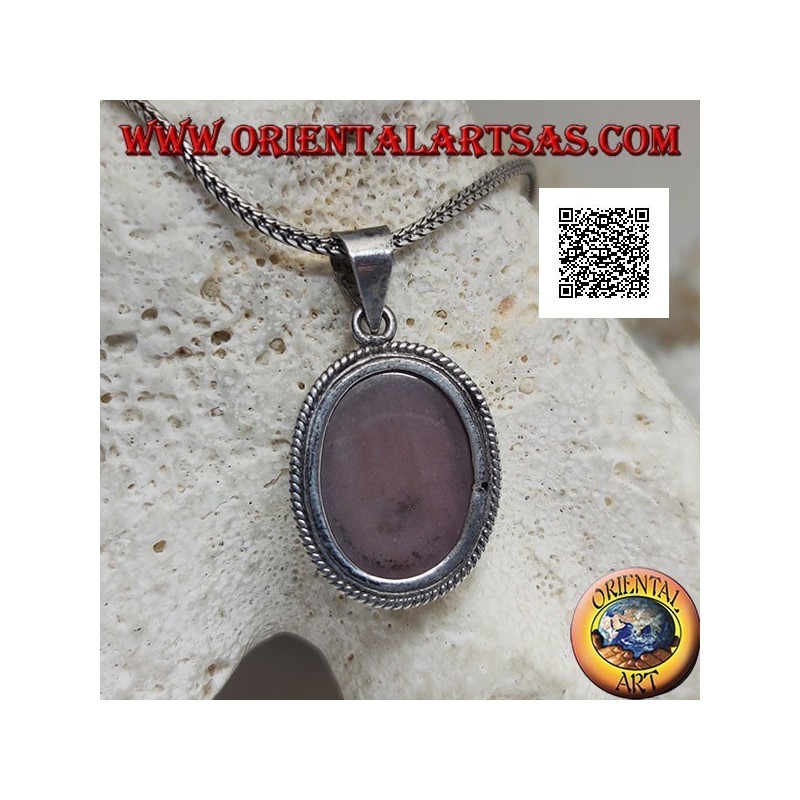 Ciondolo in argento con rodonite (Tanzania) ovale contornata da intreccio