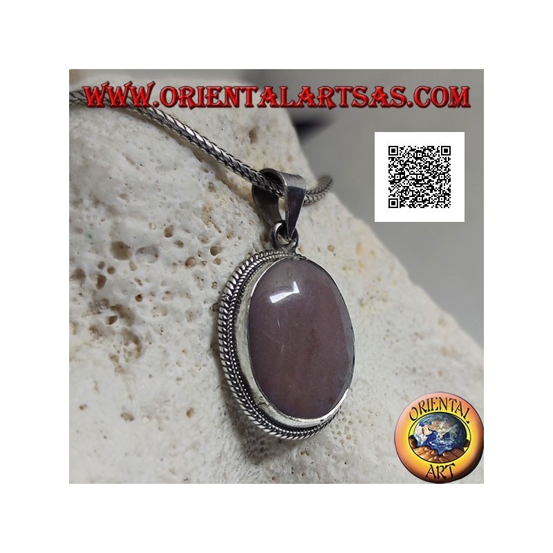 Ciondolo in argento con rodonite (Tanzania) ovale contornata da intreccio