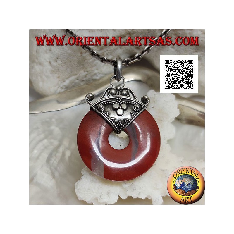 28mm Donut geformter roter Jaspis Anhänger. mit Haken in silbernem Basrelief verziert